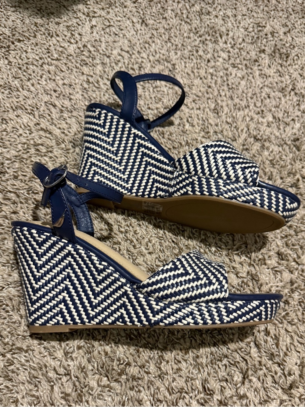 NWOT Nautica Navy & White Woven Wedge Sandals | Ankle Strap | Size 8.5